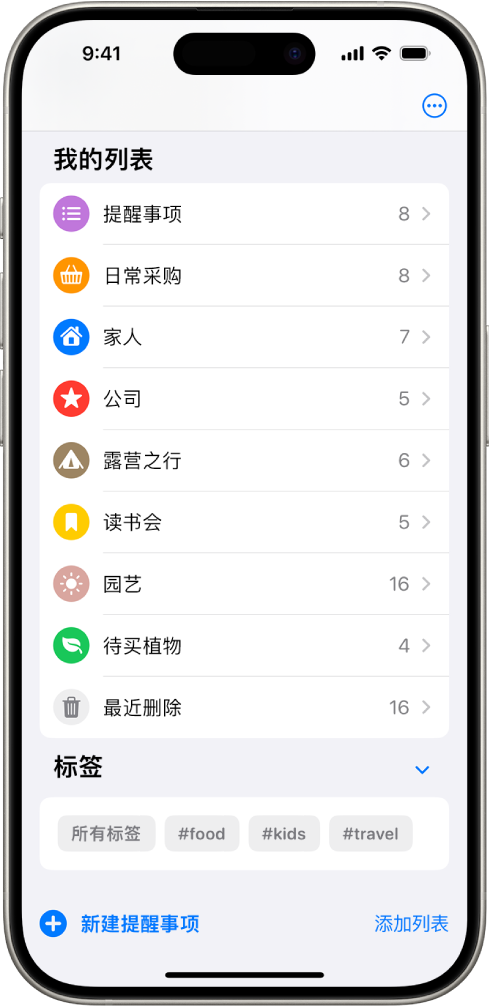 “提醒事项” App 显示多个列表,底部是标签浏览器。